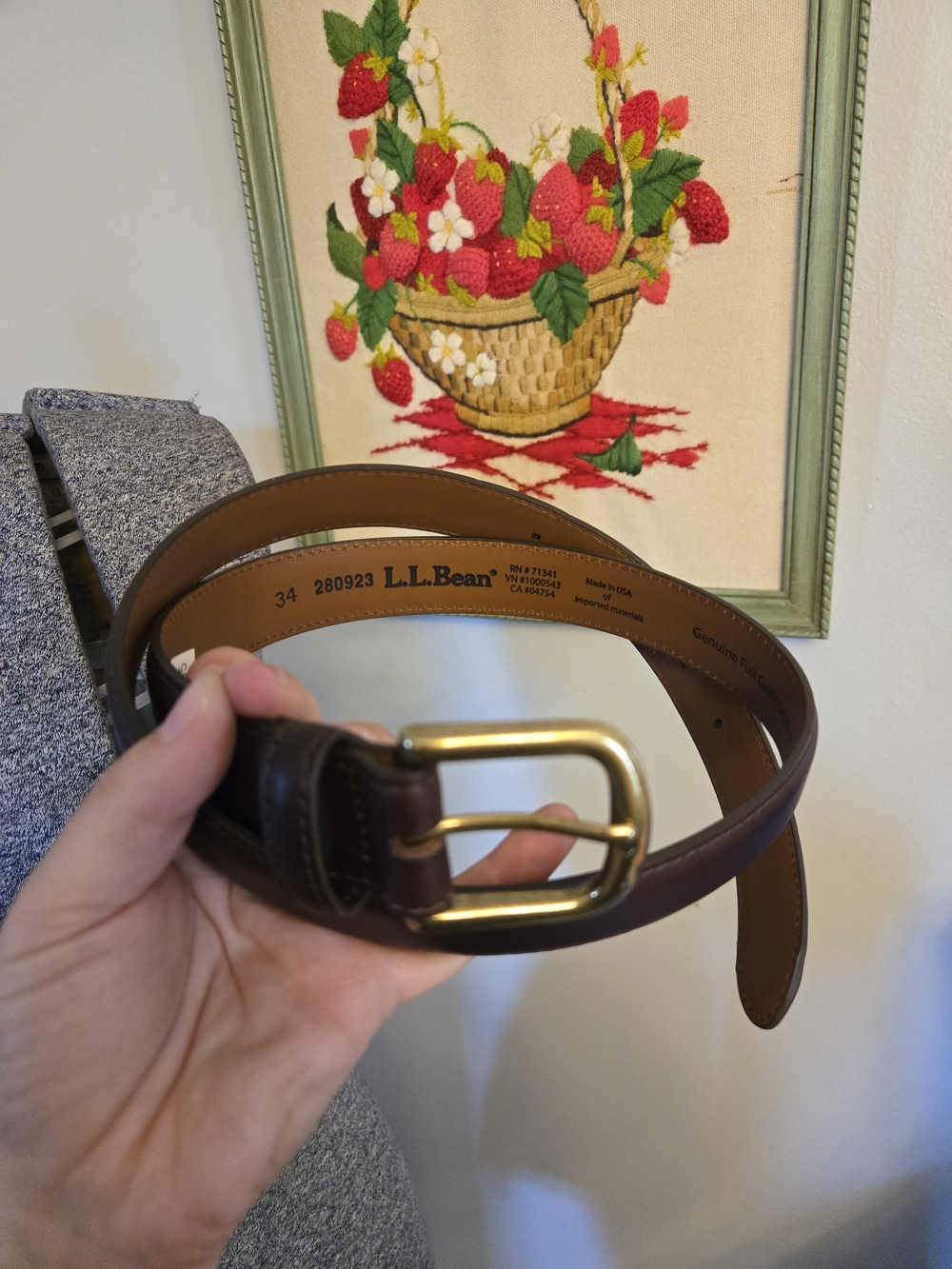 NWT L.L. Bean Men's Brown Leather Belt with Brass Buckle Size 34